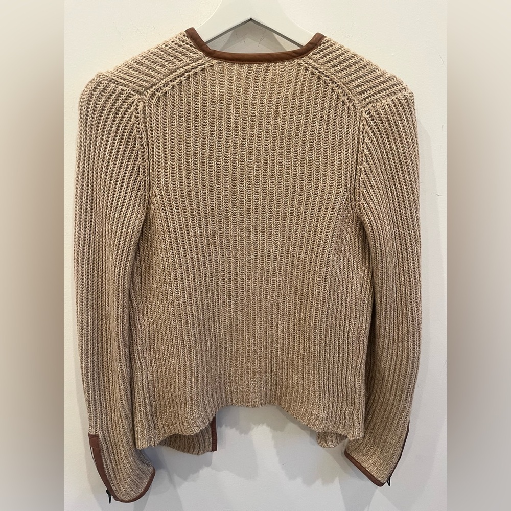 Lucky Brand XS Brown Faux-Leather Trim Cotton Knit Open Front Cardigan earthy - Picture 2 of 9